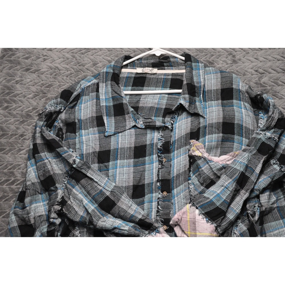 Free People Plaid Button Down Shirt LARGE Blue Distressed Deconstructed (1768) - Picture 2 of 6